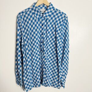 Jaclyn Smith Linen Rayon Blend Plaid Check‎ Tunic Pull Tab Sleeves Blue White XL
